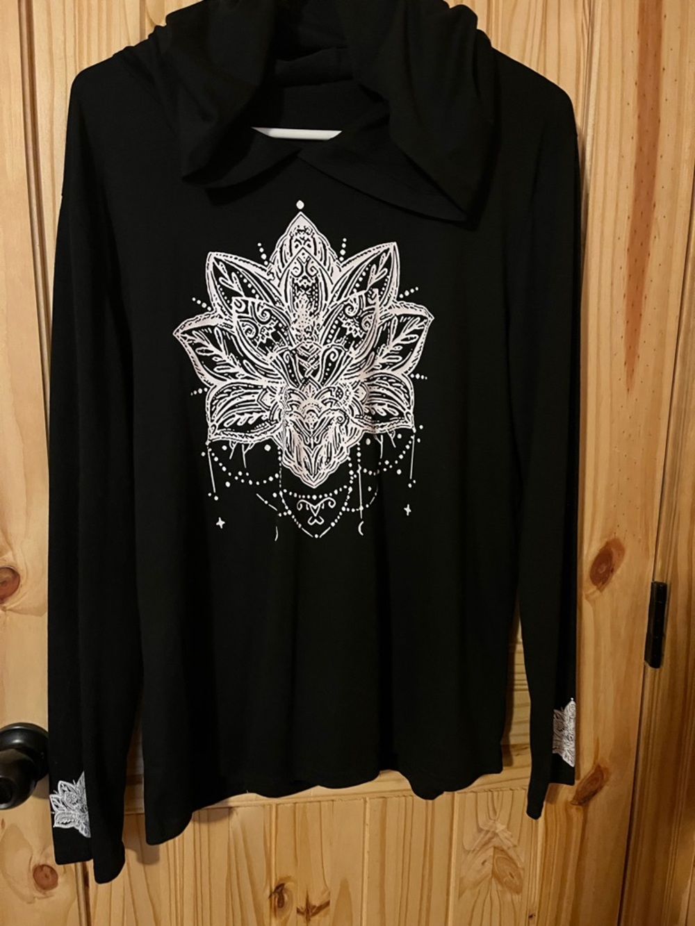 Source Unknown Black Hoodie Top with White Lotus Mandala Graphic